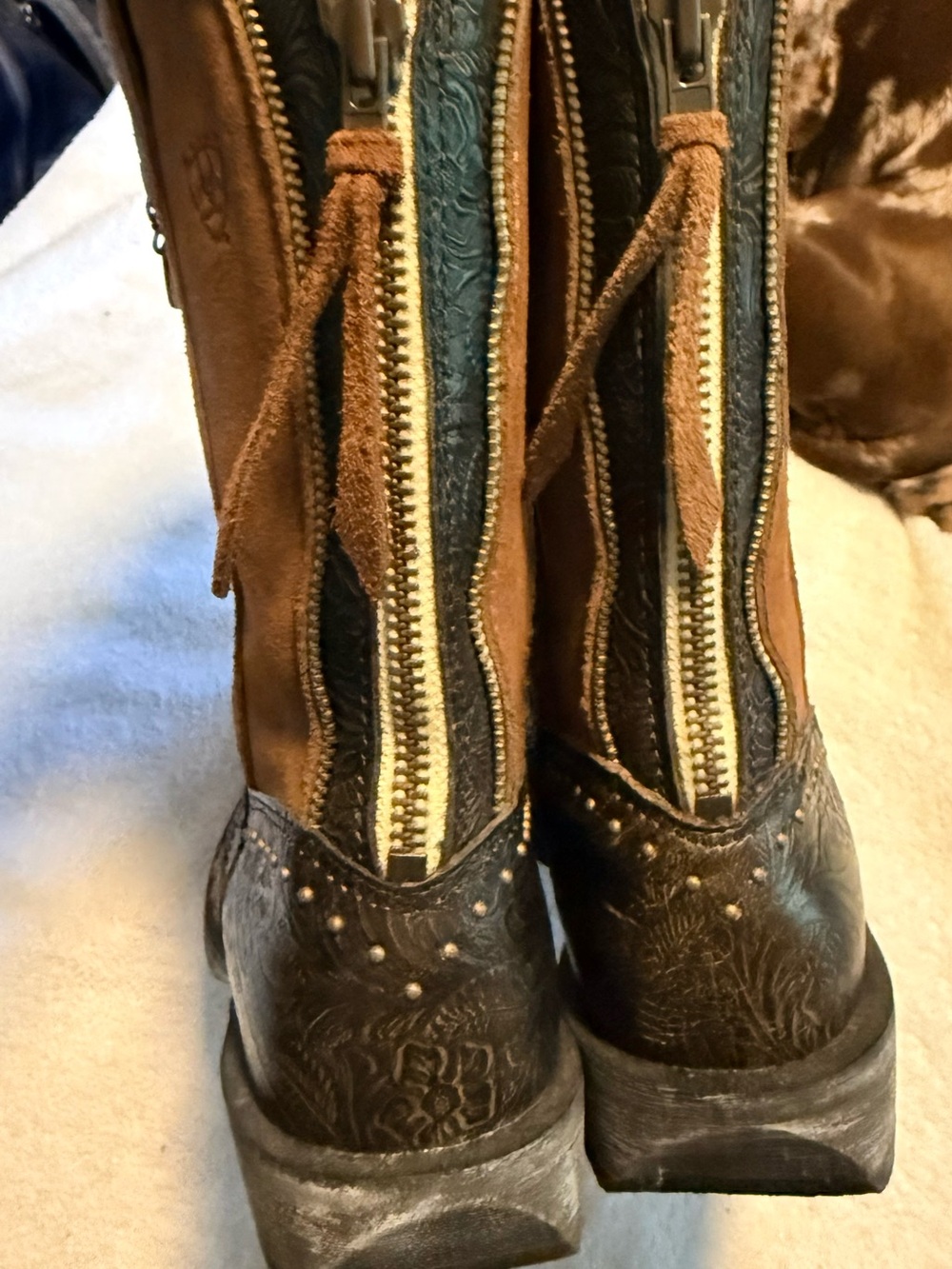 Ariat Tan Suede & Embossed Brown Western pull on with zipper in back. - Picture 5 of 9